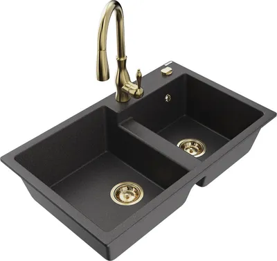 Produktbild von Mexen Tomas 2-Becken-Granitspüle mit Mischbatterie Savita, Schwarz gesprenkelt - 6516-76-672601-50