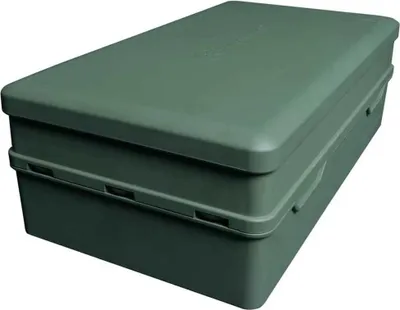 A green tackle box is shown against a white background.