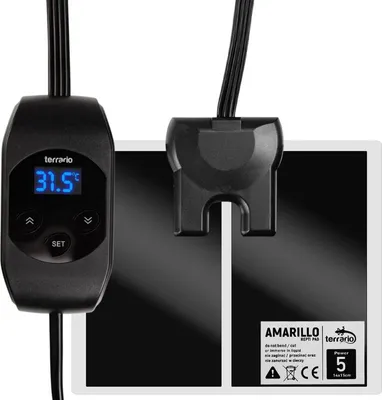 A close-up shot of a black heating mat with a digital thermostat and a power cord.
