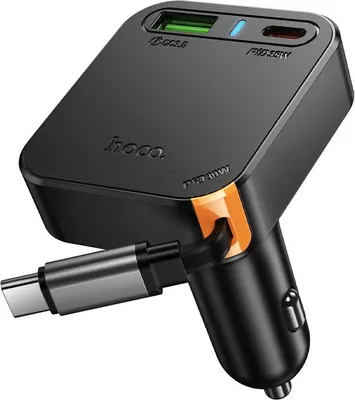 Produktbild von Autoladegerät Hoco mit einziehbarem Kabel 2 x USB C + USB A QC PD 65W NZ18 schwarz