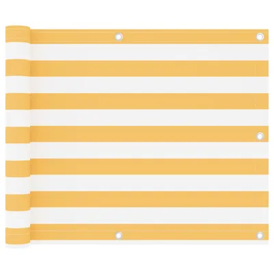 A rolled-up balcony privacy screen with yellow and white stripes.