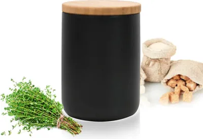 Produktbild von Schwarze Vorratsdose 800ml mit Holzdeckel Porzellan Vorratsbehälter Dose #5