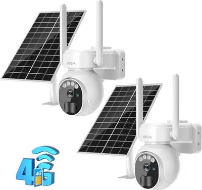 Two white solar-powered security cameras with solar panels are displayed against a white background. A graphic indicating 4G LTE connectivity is present in the lower left corner.