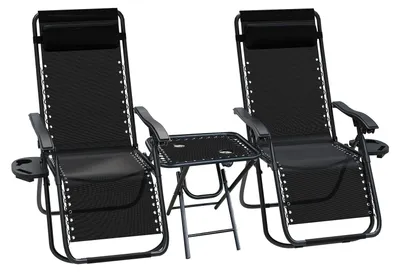 Produktbild von VOUNOT® 2er-Set Liegestuhl Klappbar mit Beistelltisch, Relaxstuhl Garten mit Getränkehalter und Kopfpolster, Schwarz