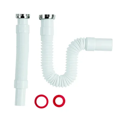 Produktbild von Universal-Abflusssiphon weiß chrom Kunststoff Metall flex 1 1/4 Zoll auf 32 mm Siphon Küche Spüle Bad Waschbecken Ablauf flexibel