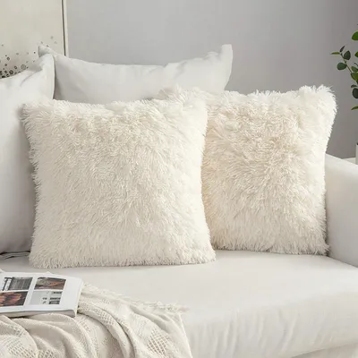 Immagine prodotto di Set di 2 federe per cuscini, 40x40 cm, pelo lungo, colore crema, ecopelliccia, poliestere