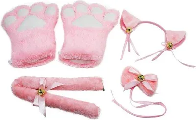 Immagine prodotto di Set costume da gattino: artigli di peluche, guanti, orecchie da gattino, coda, collare e zampe. Adorabile set completo per bambini e adulti (rosa)