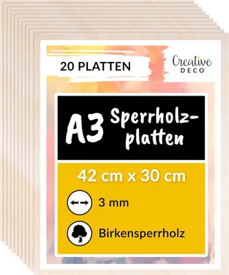 Produktbild von Creative Deco 20 x A3 Sperrholzplatte 3mm | 420 x 300 (+/- 2) mm | Birkensperrholz