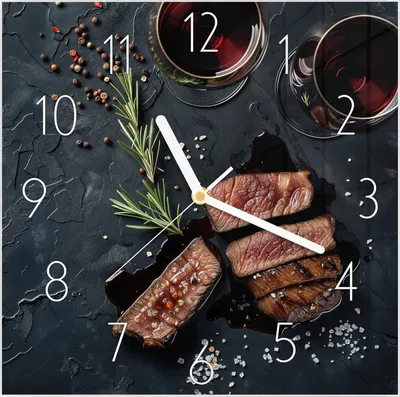 Produktbild von Wanduhr aus Glas mit Motiv Steak und Rotwein- 30 x 30 cm - inkl. Aufhängesystem