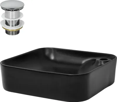 Produktbild von LuxeBath Waschbecken Aufsatzwaschbecken Eckig, 43x43x12 cm, Schwarz, aus Keramik, inkl. Ablaufgarnitur ohne Überlauf