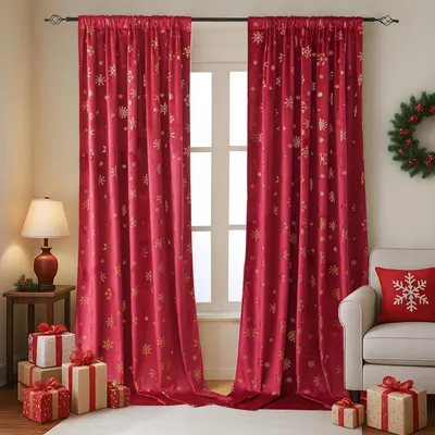 Produktbild von Samtvorhänge 2er Set Blickdicht Vorhänge mit Goldenen Schneeflocken Samt Weihnachten Gardinen für Wohnzimmer Schlafzimmer, Rot, B132xH274cm