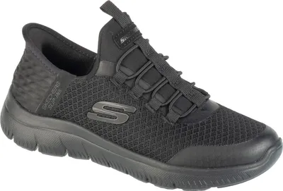 A black Skechers Summits High Range Slip-On shoe is shown from a side angle against a white background.