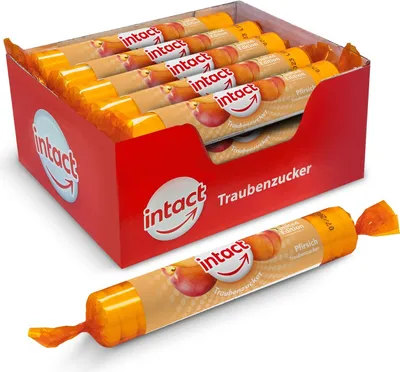 Produktbild von intact Traubenzucker (: Pfirsich) Rolle 15 St. - Multipack (15 x 40g) Traubenzucker Bonbons - 100% Vegan