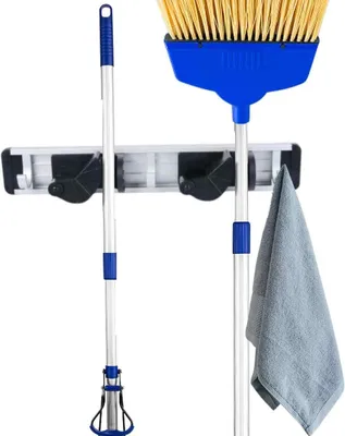 Obrázek produktu pro Nástěnný držák na košťata z hliníku, bez vrtání, s háčkem pro uložení mopů a košťat