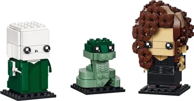 Three LEGO BrickHeadz figures of Voldemort, Nagini, and Bellatrix Lestrange are displayed against a white background.
