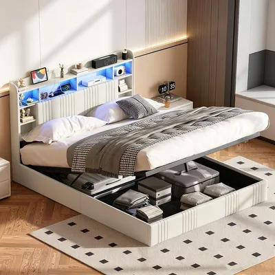 Produktbild von INONEFT Boxspringbetten Polsterbett 140x200 mit LED und USB/C, Hydraulisches Bett mit Stauraum Kopfteil,Modernes Doppelbett Bettgestell, Leinen,Beige
