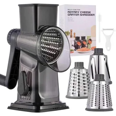 Produktbild von Manuelle Käsereibe ,Gemüseschneider mit 3 austauschbaren Edelstahlklingen (Hobeln, Schneiden, Raspeln) – ergonomischer Griff, BPA-frei