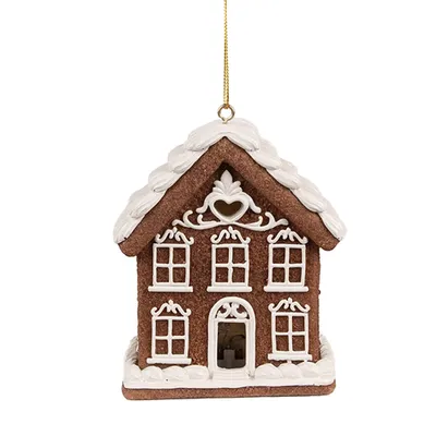 Zdjęcie produktu dla Clayre & Eef Świąteczna zawieszka z domkiem z piernika LED 9x6x10 cm Brązowa polyresin