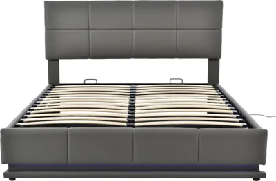Produktbild von Flieks Polsterbett mit LED, hydraulisches Boxspringbett 160x200cm mit Lattenrost und Stauraum, Doppelbett Holzbett Jugendbett Kunstleder, Grau