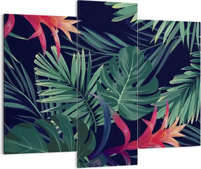 Produktbild von Bild auf Leinwand - Leinwandbild - 3 Teile - Exotisch Blumen Blätter - 130x100cm - Wand Bild - Wanddeko - Wandbilder - Leinwanddruck - Bilder - Wanddekoration - Leinwand bilder - CB130x100-4308