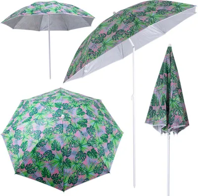 Multiple views of a beach umbrella with a tropical leaf pattern.