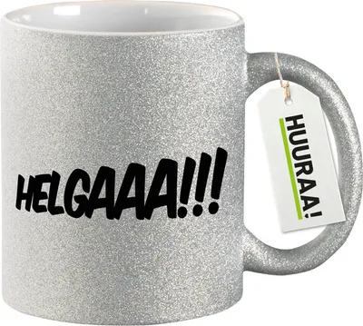 Produktbild von Huuraa Glitzertasse Helgaaa Schriftzug 330ml Silber Keramik Kaffeebecher Geschenkidee