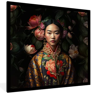 Produktbild von MuchoWow® Gerahmtes Poster Frau - Asiatisch - Kimono - Blumen - Porträt 40x40 cm - Poster mit Schwarzem Bilderrahmen Wandposter Rahmen Foto Bilder - Mit Rahmen - Wanddekoration Schlafzimmer
