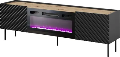 Produktbild von Fernsehschrank Onda 2D Tv-Lowboard 2 Türiger Unterschrank 180 Cm Mdf Schwarz Matt Mit Elektrichem Kamin