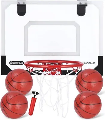 Image de Panier de basket pour l'intérieur - Set de basket pour enfants avec 4 ballons et une pompe - A la maison et au bureau