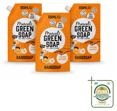 Obrázok produktu pre 3 kusy náplne do mydla na ruky "Marcel's Green Soap" – pomaranč a jazmín – 500 ml – balenie s 3 kusmi