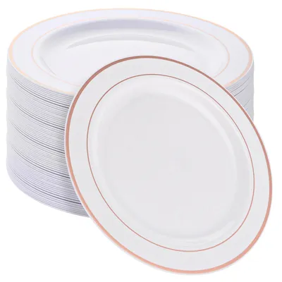 Produktbild von Set von 40 Weißen Plastiktellern mit Roségoldrand - Wiederverwendbar für Feiern