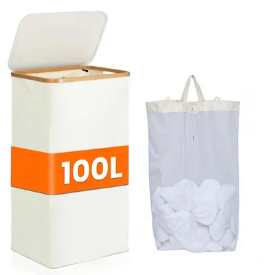 Image de Panier à linge - 100 L - 3 compartiments - Avec couvercle - Modèle étroit et peu encombrant - Sac en filet amovible - Pliable - Beige