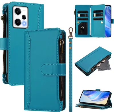 Produktbild von Handyhülle für Xiaomi Redmi Note 12 Pro 5G/Poco X5 Pro Reißverschluss Geldbörse Kunstleder Klapphülle mit Kartensteckplatz, Ständer, Handschlaufe Blau