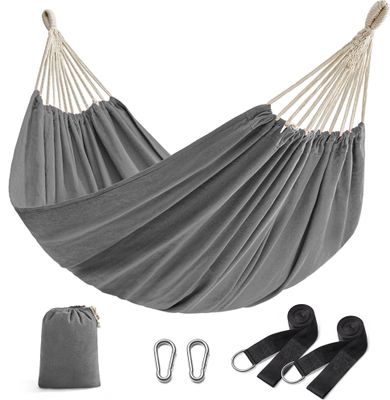 SONGMICS Hängematte, 210 x 150 cm, Doppelhängematte, Belastbarkeit 300 kg, für Garten, Terrasse, Balkon, Outdoor, Camping, mit Tragetasche, Befestigungsgurten und Karabinern, grau