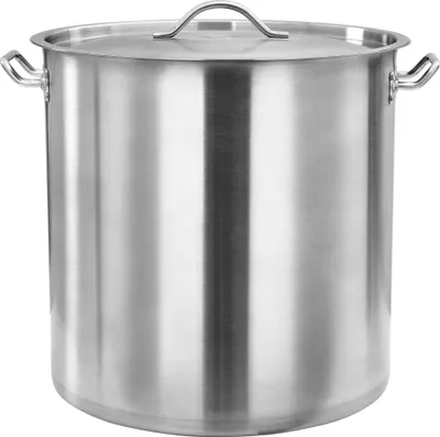 A large, stainless steel stockpot with a lid and handles, shown from the front against a white background.