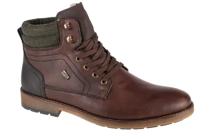 A single brown leather boot with green fabric trim at the ankle, presented against a white background.