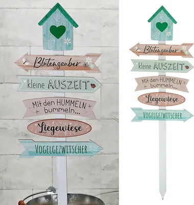 Produktbild von Gartenschild Wegweiser Schild Holzschild 76cm Gartendeko grün rosa verschiedene Schriften Vogelhaus