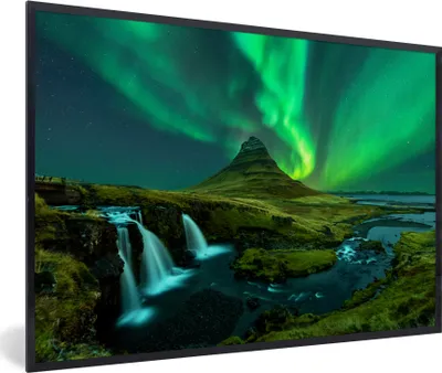 Produktbild von MuchoWow® MuchoWow® Gerahmtes Poster Nordlichter - Wasserfall - Berg - Island 60x40 cm - Poster mit zchwarzem Bilderrahmen - Printing - Wanddeko Schlafzimmer