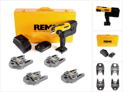 Obrázek produktu pro Akumulátorový lis REMS 22V ACC + 1x akumulátor 2,5Ah + rychlonabíječka + lisovací čelisti lisovací kleště standard V15,18,22, 28 v ocelovém plechu