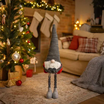 Image de BURI Nain décoratif 84 cm gris avec jambes télescopiques et bonnet flexible Nain de Noël réglable en hauteur 67-84 cm Nain sur pied Décoration d'hiver Figurine Nain en tissu Jambes en métal Pieds stables Décoration de Noël