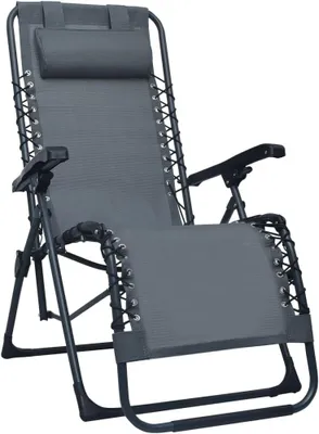 Imagen del producto de Silla reclinable plegable de textileno con respaldo ajustable y estructura de acero, color gris, con reposacabezas acolchado, ideal para terraza, jardín o balcón