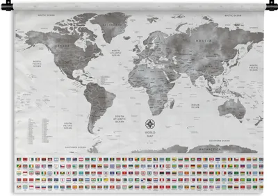 Produktbild von MuchoWow® Wandteppich Wandbehang Weltkarte - Flagge - Schwarz - Weiß 150x112 cm Tapisserie Dekoration Wandtuch - Wanddecke - Wandteppiche
