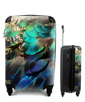 Produktbild von MuchoWow® Koffer Handgepäck Trolley Rollkoffer Kleine Reisekoffer mit 4 Rollen - Federn - Pfauenfedern - Pfau - Blau - Kunst - Cabin Size < 55x40x23 cm & 55x40x20 cm - Fotokoffer - Kabinenkoffer - Boardgepäck - Reise-Box - Reisekoffer - Reisegepäck - Koffer mit Bild - Trolley für Kinder