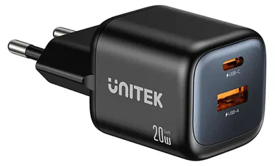 Image de Chargeur mural UNITEK 2 ports USB-A et USB-C 20 W noir