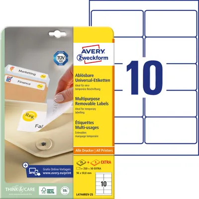Produktbild von Avery Zweckform L4744REV-25 Universal-Etiketten, 96 x 50,8 mm, 25 Blatt/250 Etiketten, weiß