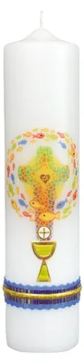 Produktbild von Kommunionkerze Weiß mit Kreuz, Taube, Kelch und Hostie & bunte Fische 30 x 7 cm