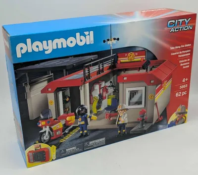 The image shows the box of a Playmobil City Action Take Along Fire Station toy set.