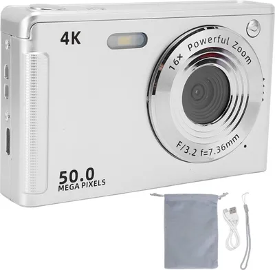 Immagine prodotto di Fotocamera digitale con luce di riempimento, 4K, 50 MP, schermo da 2,8 pollici, zoom 16x, autofocus AF anti-shake per ritratti e paesaggi, argento
