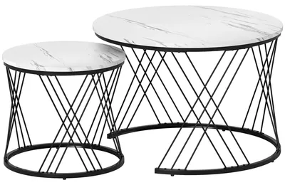 Produktbild von Couchtische im 2er-Set, Marmoroptik, Spanplatte, Metall, runde Kaffeetische für Wohnzimmer, ineinanderstellbar, Weiß