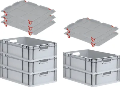 Produktbild von SuperSparSet 5x Eurobox NextGen Economy mit Auflagedeckel und 4x Schiebeschnappverschlüsse Rot | Griffe offen | HxBxT 17x40x60cm | 34 Liter | Eurobehälter, Transportbox, Transportbehälter, Stapelbehälter